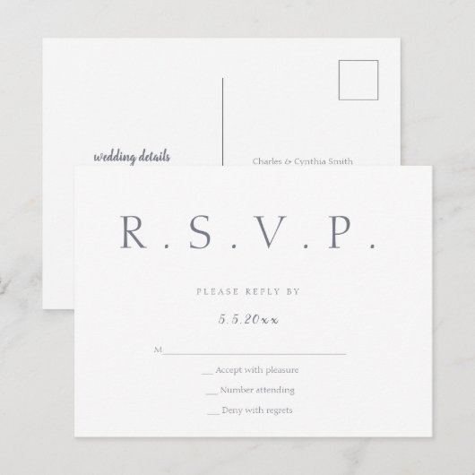 Cartes postales rsvp de mariage gris simple (Devant / Derrière)