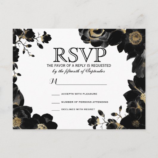 Cartes postales RSVP Floral Noir Accentué Or (Devant)