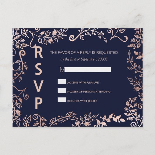 Cartes postales RSVP Gold Floral Rose de la marine (Devant)