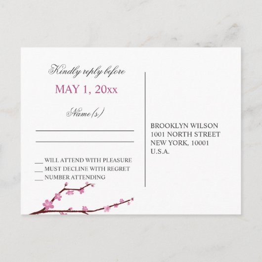 Cartes postales RSVP pour mariage cerise en fleurs (Dos)