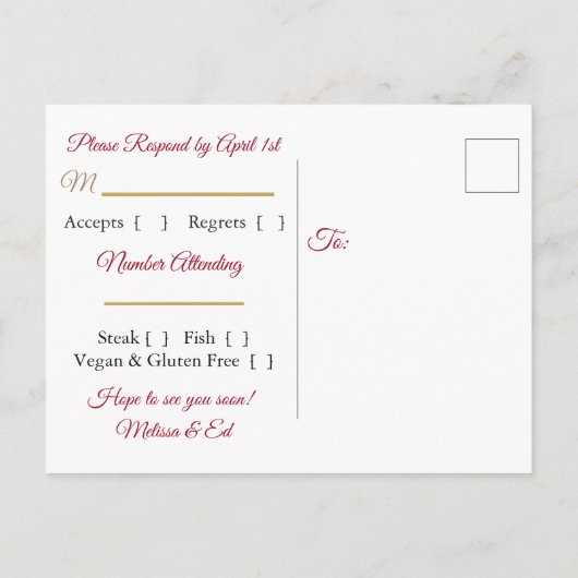 Cartes postales RSVP pour mariage dégradé rouge et (Dos)