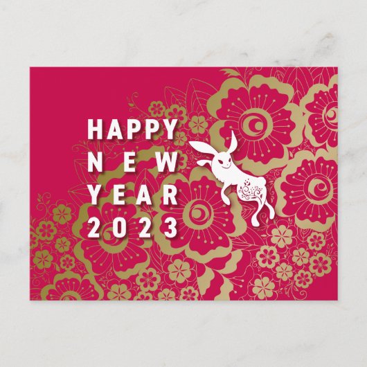 Cartes Pour Fêtes Annuelles クールなうさぎと花の年賀はがき~RedBase01 (Devant)