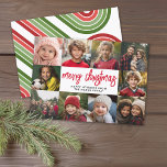 Cartes Pour Fêtes Annuelles 10 Photo Collage - Joyeux Noël Retro Stripes<br><div class="desc">Motif en arc à rayures profondes vert et rouge rétro - Utilisez 10 photos carrés et faites un accueil de Noël joyeux et branché unique avec un script rustique moderne sur le devant et un motif d'art de ligne festif sur le dos. Si vous avez besoin de déplacer quelque chose,...</div>