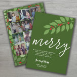 Cartes Pour Fêtes Annuelles 12 Photo Collage - Joyeux Script - Botanique Verte<br><div class="desc">CONCEPTION AVANT : Un design moderne et minimal avec un "joyeux" énorme dans un script tendance. Le message de Noël peut être changé. Une signature de famille est incluse avec une zone pour ajouter des noms individuels. La couleur arrière - plan est vert foncé. — CONCEPTION : Utilisez 12 photos...</div>