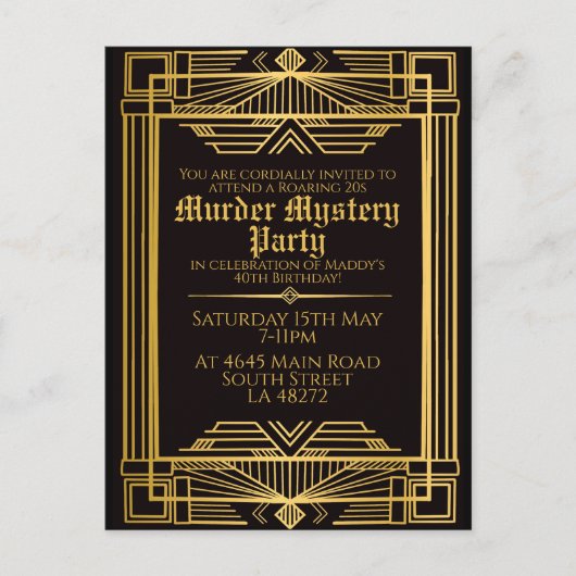 Cartes Pour Fêtes Annuelles 1920 art déco meurtre mystère anniversaire invitat (Devant)