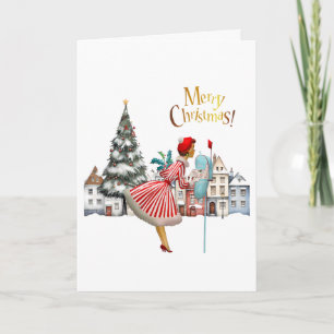 Cartes Pour Fêtes Annuelles 1950 Dame de vintage affichant Joyeux Noël