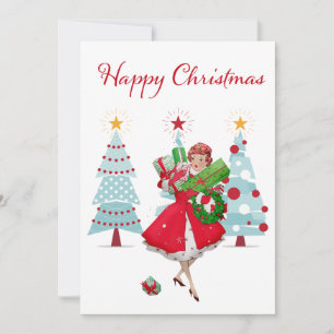 Cartes Pour Fêtes Annuelles 1950 Noël Dame Vintage avec des cadeaux