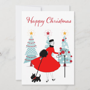 Cartes Pour Fêtes Annuelles 1950 Noël Vintage Dame avec Terrier Écossais
