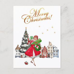 Cartes Pour Fêtes Annuelles 1950 Vintage Lady Christmas Shopping pour cadeaux