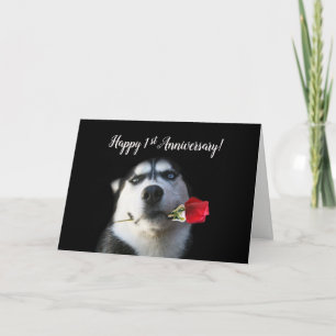 Cartes Pour Fêtes Annuelles 1er Anniversaire Cute Husky et Amour Rose