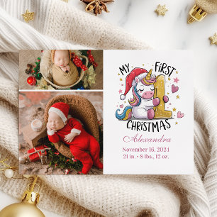 Cartes Pour Fêtes Annuelles 1er bébé Noël 2 Photo Pink Gold Unicorn