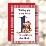 Cartes Pour Fêtes Annuelles 1er Noël mignon ours en peluche bébé garçon rouge<br><div class="desc">1ère carte de Noël pour un petit garçon avec joli ours en peluche de Noël avec chapeau de Père Noël et grand marine numéro un sur l'arrière - plan plaid. Personnalisez facilement le texte ou laissez-le en blanc. - Kate Eden Art</div>