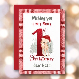 Cartes Pour Fêtes Annuelles 1er Noël mignonne cerf Santa chapeau plaid