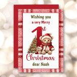 Cartes Pour Fêtes Annuelles 1er Noël Teddy Ours Noël Arbre de Noël Plaid<br><div class="desc">1ère carte de Noël pour un bébé avec un joli ours en peluche de Noël avec chapeau de Père Noël,  arbre de Noël et grand numéro rouge sur l'arrière - plan plaid. Personnalisez facilement le texte ou laissez-le en blanc. - Kate Eden Art</div>