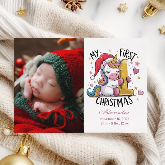 Cartes Pour Fêtes Annuelles 1st Baby Christmas Photo Pink Gold Unicorn