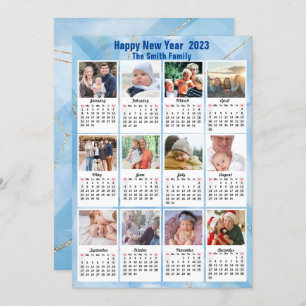 Cartes Pour Fêtes Annuelles 2023 Calendrier Famille moderne 12 Photo Blue Gold