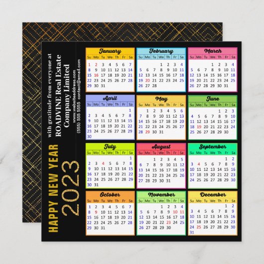 Cartes Pour Fêtes Annuelles 2023 Calendrier Modern Gold Script sur Black Busin (Devant / Derrière)
