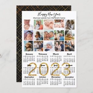 Cartes Pour Fêtes Annuelles 2023 Gold Script Calendrier photo Collage moderne
