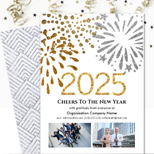 Cartes Pour Fêtes Annuelles 2025 Business 2 Photo Festive Fireworks Argent