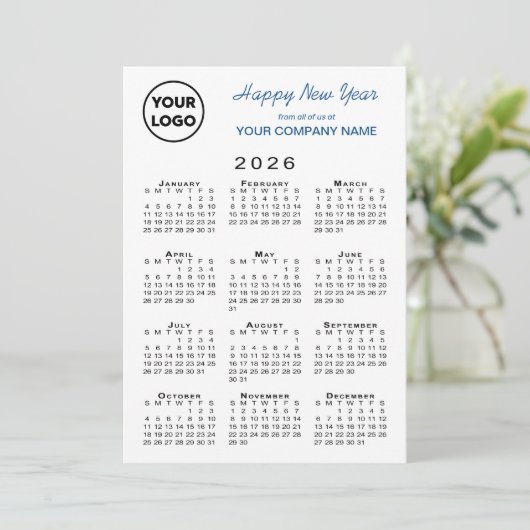 Cartes Pour Fêtes Annuelles 2026 Calendrier Business Logo Bleu Blanc En vichy (Debout devant)