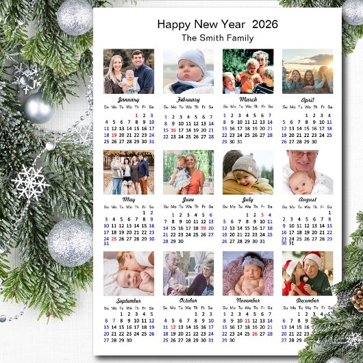Cartes Pour Fêtes Annuelles 2026 Calendrier Famille 12 Photo Collage Minimalis
