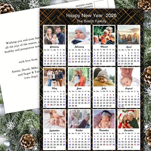 Cartes Pour Fêtes Annuelles 2026 Calendrier Famille 12 Photo Moderne Black Gol