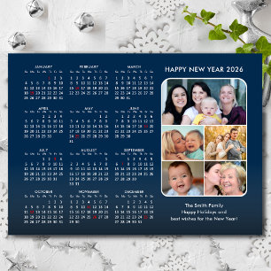 Cartes Pour Fêtes Annuelles 2026 Calendrier Famille Photo Bleu Moderne Minimal