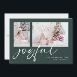 Cartes Pour Fêtes Annuelles 2 Photo 2025 Calendrier Joyeux Noël Vert<br><div class="desc">Moderne 2 Photos Family Script 2025 Calendrier Joyeux Noël Vert foncé. Disponible numériquement et imprimé. Remplacez simplement les deux exemples de photos par vos propres et personnalisez-les avec vos noms. Joyful est dans un jeu élégant script set en blanc qui peut être changé en une autre couleur si vous le...</div>