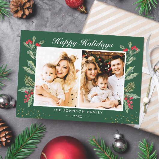 Cartes Pour Fêtes Annuelles 2 Photo Joyeuses Fêtes Baies de Houx Noël