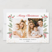 Cartes Pour Fêtes Annuelles 2 Photo Joyeux Noël Holly Berries Vert (Devant)