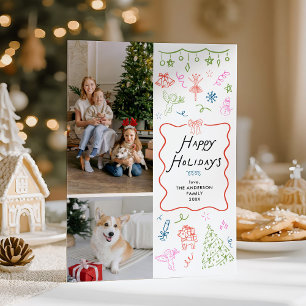 Cartes Pour Fêtes Annuelles 2 Photo Main Whimsical Tirée Happy Holidays Card