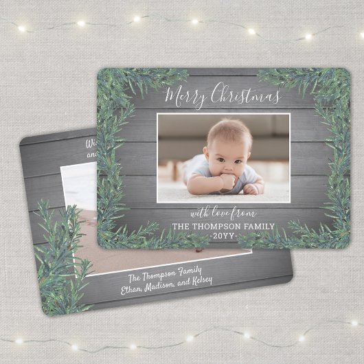Cartes Pour Fêtes Annuelles 2 Photo Noël Vert et gris rustique Bois