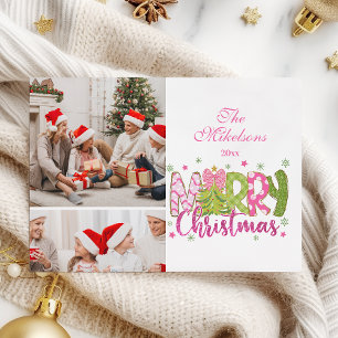 Cartes Pour Fêtes Annuelles 2 Photo Pink Green Bow Tree Joyeux Noël