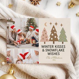 Cartes Pour Fêtes Annuelles 2 Photos Baisers Rétro d'Hiver et Vœux de Flocon d
