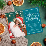 Cartes Pour Fêtes Annuelles 2 photos de famille turquoise Croyez en la magie d<br><div class="desc">Carte postale moderne de voeux de Noël avec l'un de vos portraits de famille de Noël préférés à gauche, complétée par un vrai cadre en feuille d'or et une formulation qui dit "Croyez en la magie de Noël" à droite sur un arrière - plan turquoise moderne, personnalisable avec votre propre...</div>