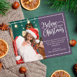 Cartes Pour Fêtes Annuelles 2 photos de famille violet Croyez en la magie de N<br><div class="desc">Carte postale moderne de voeux de Noël avec l'un de vos portraits de famille de Noël préférés à gauche, complétée par un vrai cadre en feuille d'or et une formulation qui dit "Croyez en la magie de Noël" à droite sur un arrière - plan violet moderne, personnalisable avec votre propre...</div>