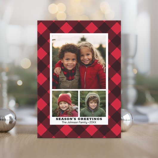 Cartes Pour Fêtes Annuelles 3 Photo Buffalo plaid Rustic Red Black Instant