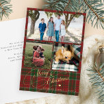Cartes Pour Fêtes Annuelles 3 photo collage Joyeux script Noël plaid<br><div class="desc">Elégant style Joyeux Noël faux or classique script de calligraphie trois photos de famille carrés rouge rustique carte de vacances tartan plaid avec votre texte personnalisé sur les deux côtés.</div>