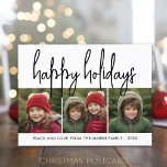 Cartes Pour Fêtes Annuelles 3 Photo Collage Mod Script noir blanc - Happy<br><div class="desc">Un accueil joyeux et lumineux de vacances avec une police de calligraphie de script rustique. Une atmosphère moderne du milieu du siècle avec un motif géométrique à l'arrière. Ce design non traditionnel est une nouvelle approche qui fera ressortir vos photos de famille.</div>