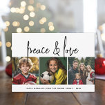 Cartes Pour Fêtes Annuelles 3 Photo Collage Mod Script noir blanc Peace Love<br><div class="desc">Un accueil joyeux et lumineux de vacances avec une police de calligraphie de script rustique. Une atmosphère moderne du milieu du siècle avec un motif géométrique à l'arrière. Ce design non traditionnel est une nouvelle approche qui fera ressortir vos photos de famille.</div>