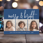 Cartes Pour Fêtes Annuelles 3 Photo Collage Script bleu blanc Joyeux brillant<br><div class="desc">Un accueil joyeux et lumineux de vacances avec une police de calligraphie de script rustique. Une atmosphère moderne du milieu du siècle avec un motif géométrique à l'arrière. Ce design non traditionnel est une nouvelle approche qui fera ressortir vos photos de famille.</div>