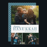 Cartes Pour Fêtes Annuelles 3 Photo Collage Simple Moderne Turquoise Hanoukka<br><div class="desc">Cette belle carte Hanoukka de trois photos collage avec un texte simple et élégant en vert turquoise sur un arrière - plan blanc. Le dos de la carte contient un motif diamant géométrique moderne. Pour toute demande de conception ou de produit,  veuillez me contacter (Tracey) à l'adresse orabellaprints@outlook.com.</div>