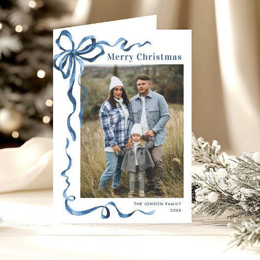 Cartes Pour Fêtes Annuelles 3 Photo Festif Dusty Blue Christmas Bow Ribbon