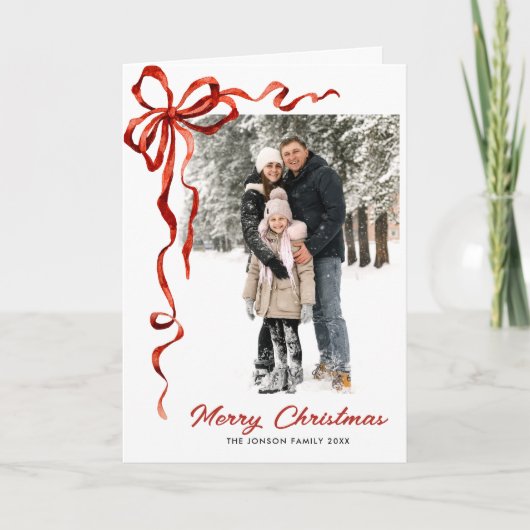 Cartes Pour Fêtes Annuelles 3 Photo Festif Noël Boho Red Bow Ribbon (Devant)