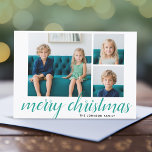 Cartes Pour Fêtes Annuelles 3 Photo Joyeux Noël Script Turquoise Damas<br><div class="desc">Utilisez trois photos carrés et faites un accueil unique et branché Joyeux Noël avec un élégant motif sur le dos. L'accueil est présenté dans une calligraphie moderne et rebondissante qui peut être changée pour répondre à votre dicton préféré. Si vous avez besoin de déplacer quelque chose, cliquez sur le bouton...</div>
