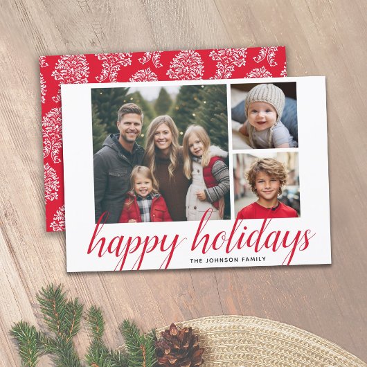 Cartes Pour Fêtes Annuelles 3 Photo Noël Script Red Damask Happy