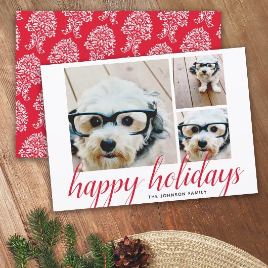 Cartes Pour Fêtes Annuelles 3 Photo Noël Script Red Damask Happy