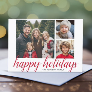 Cartes Pour Fêtes Annuelles 3 Photo Noël Script Rouge Damassé Joyeux