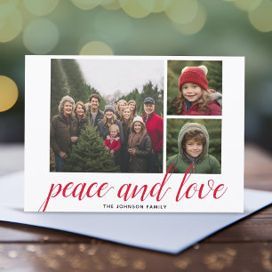 Cartes Pour Fêtes Annuelles 3 Photo Noël Script Rouge Damassé Paix Amour