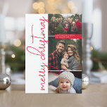 Cartes Pour Fêtes Annuelles 3 Photo Red Calligraphy Merry Christmas<br><div class="desc">Un design minimaliste qui comprend 3 photos avec une fine calligraphie moderne et un grand accueil de vacances. Le dos comprend un motif d'os de héron.</div>